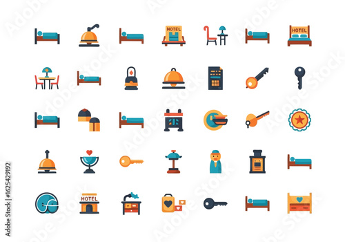 A colorful collection of flat design vector icons for hotel and hospitality services.