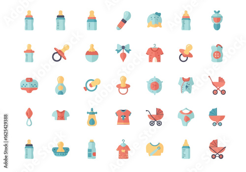 Baby Items Pattern Bottles Pacifiers Clothes Strollers and Accessories in Flat Design.