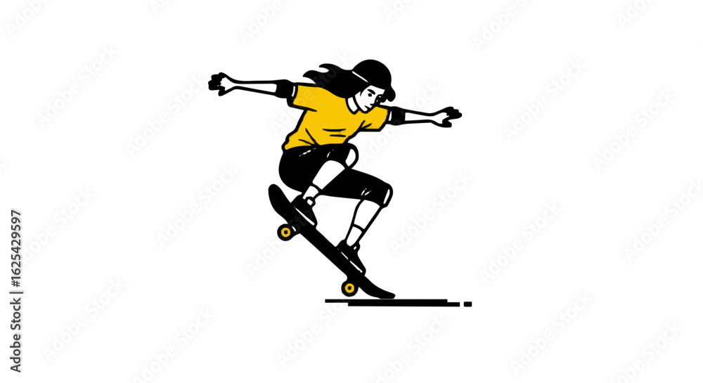Fototapeta premium A woman with a hat is skateboarding and wearing a yellow shirt and black pants with her arms outstretched