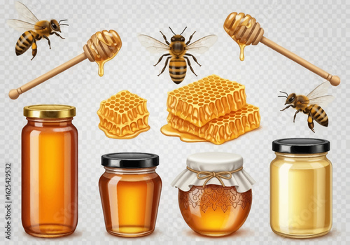 Captivating collection of fresh honey jars, dripping honey dippers, and vibrant bee imagery perfect for natural product branding and healthy lifestyle content