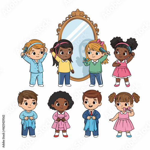 Cartoon Style Illustration of Diverse Kids Dressing Up in Front of Mirror