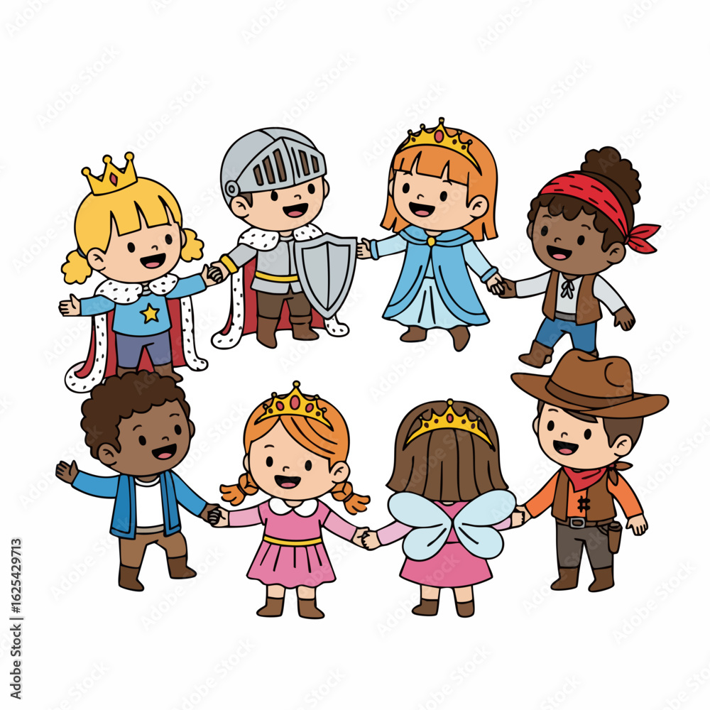Cartoon Cute Diverse Children Holding Hands Character Illustration Cartoon Cute Diverse Children Holding Hands Character Illustration