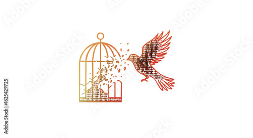 Bird flying away from a cage with a plant inside, symbolizing freedom and breaking free from confinement