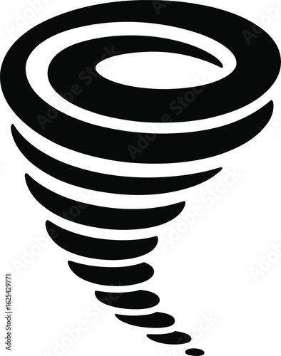 Stylized black and white swirling vortex representing a powerful tornado in silhouette