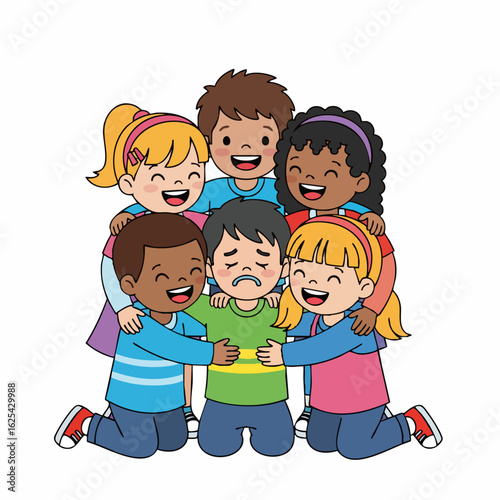 Flat Illustration Diverse Children Comforting Sad Child Cartoon Graphic