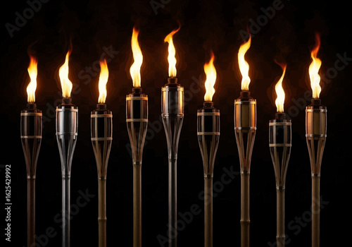 Illuminating line of flaming torches creates a warm, inviting ambiance for outdoor gatherings and festive celebrations.