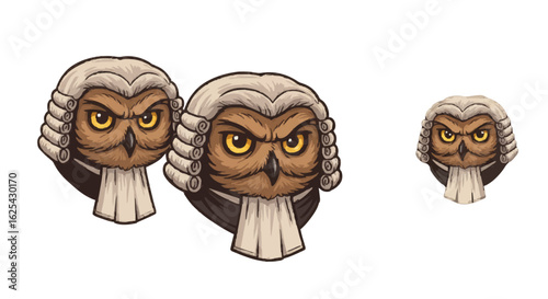 Illustration of three owls wearing judge wigs with serious expressions on their faces in a row