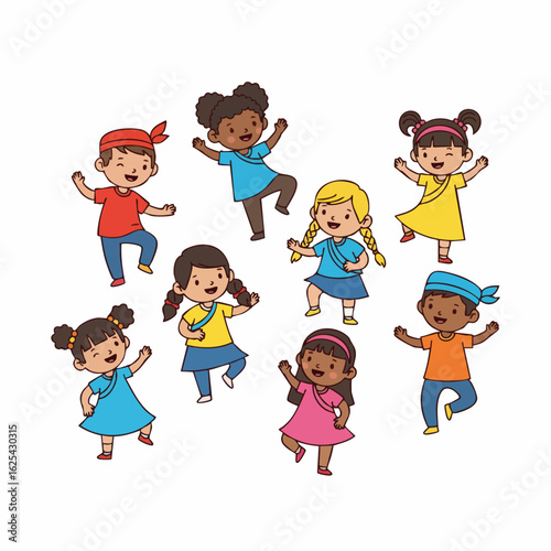 Cheerful Handdrawn Group of Diverse Children Play Together Illustration