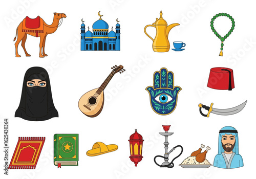 Collection of Islamic Cultural Symbols and Traditional Items Illustrating Middle Eastern Heritage and Religious Practices