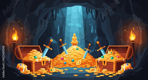 Discover a hidden treasure trove brimming with ancient gold coins, sparkling jewels, and powerful swords within a mysterious, torch-lit cave.