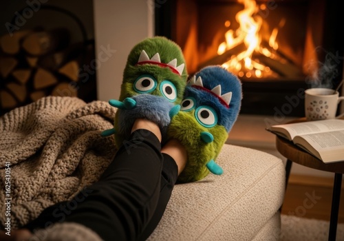 Cozy Indoor Scene Featuring Colorful Monster Slippers, a Crackling Fireplace, and a Warm Blanket on a Chilly Evening