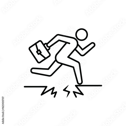Line art icon of a businessman with a briefcase leaping over a dangerous gap.