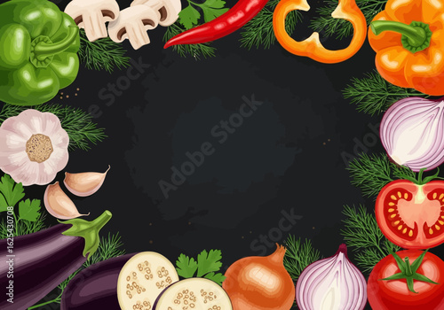 Fresh vibrant vegetables artfully arranged on a dark textured background creating a healthy culinary frame for your design needs