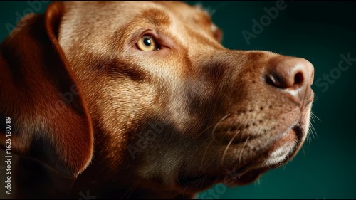 Wallpaper Mural Close-Up Portrait of Golden Retriever Dog Facing Sideways with Focused Expression and Shiny Brown Fur in Studio on Solid Teal Background with Soft Lighting Detail Highlighting Texture and Contrast Torontodigital.ca