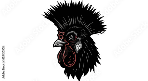 Illustration of a black chicken head with a prominent comb and detailed facial features on white background