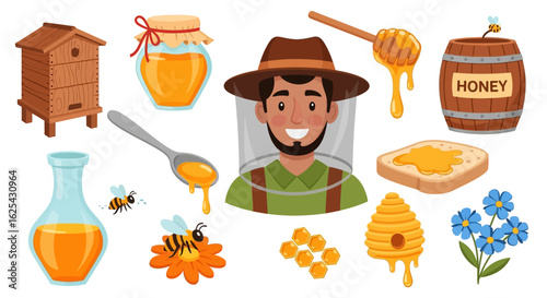 Friendly beekeeper surrounded by honey products, bees, and hive elements, showcasing sweet nature's bounty and healthy living