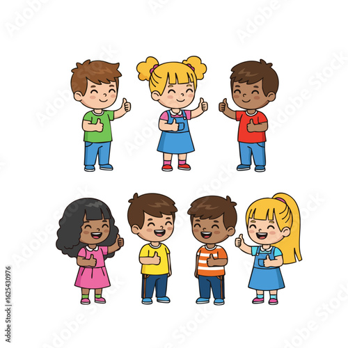Cartoon Style Diverse Group of Smiling Children Character Illustration