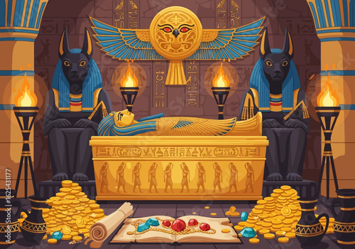 Discover ancient Egyptian treasures a pharaoh's tomb filled with gold coins jewels and sacred artifacts guarded by jackal gods and hieroglyphic wonders