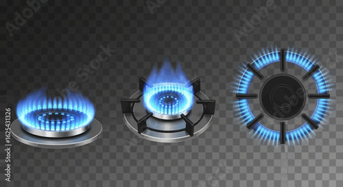 Ignite your culinary creations with a vibrant blue gas flame burning brightly on a modern stovetop burner, showcasing powerful heat and efficient cooking