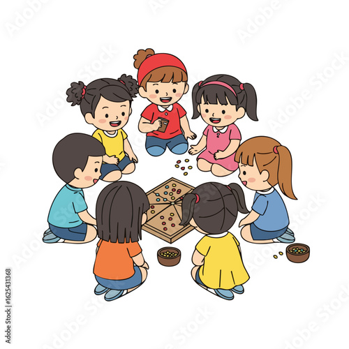 Colorful Cartoon Group of Children Playing Traditional Board Game Illustration