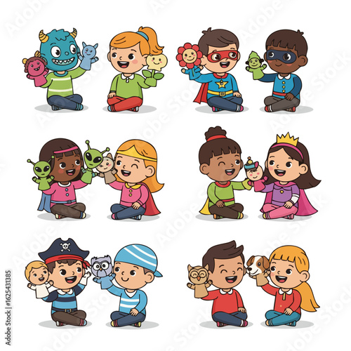 Cartoon Diverse Children Having Fun Performing With Puppet Show Illustration Set
