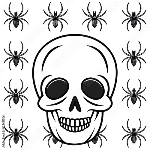 Black and White Spiders and Skull Halloween Graphic Design Illustration