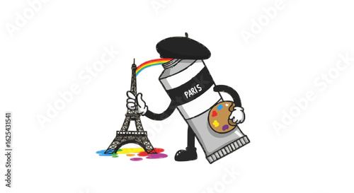 Cartoon paint tube in paris with eiffel tower and rainbow coming out of the tube with a beret hat
