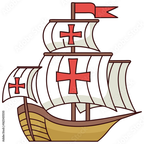 Cartoon illustration of a ship with red crosses on its sails