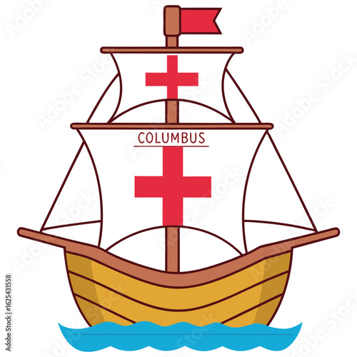 Cartoon illustration of the Christopher Columbus ship Santa Maria on water