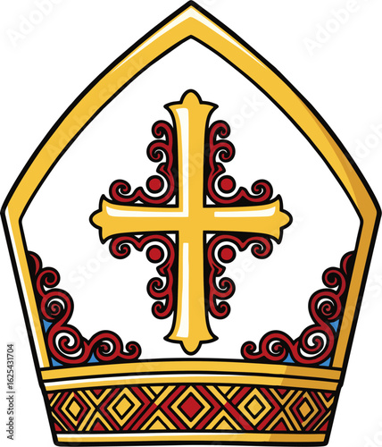 Ornate Bishop Mitre Vector with Golden Cross and Red Baroque Swirl Details – Catholic Clergy Hat Illustration