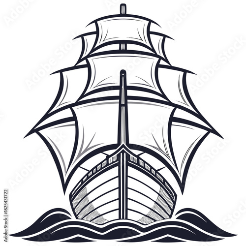 Monochrome illustration of a sailing ship on the ocean facing forward, bold outlines