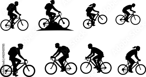 cyclist vector icon. collection of silhouettes of people cycling in different positions. bike, cycle, cyclist, ride, vector, bicycle, man, icon, people, illustration, woman, girl, boy, mountain