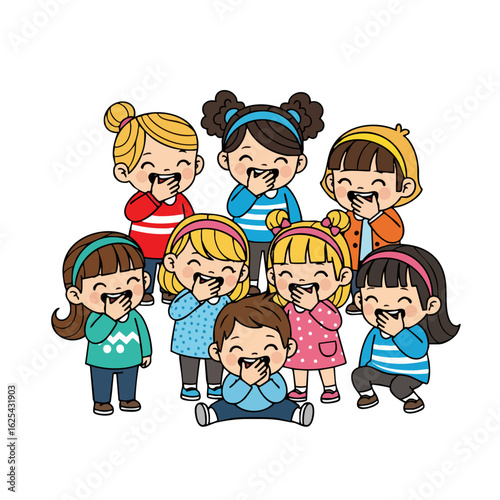 Cheerful Cartoon Group of Children Laughing Together Expression Illustration