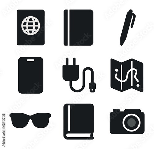 Solo Trip Essentials. olid, filled icons set of flat lay solo trip essentials: passport, notebook, pen, phone,