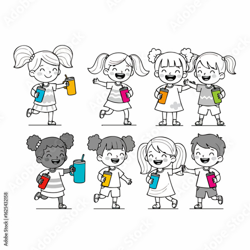 Cartoon Style Cute Diverse Group of School Children Characters Illustration