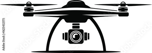 Modern quadcopter drone with camera gimbal viewed from the front in a striking silhouette
