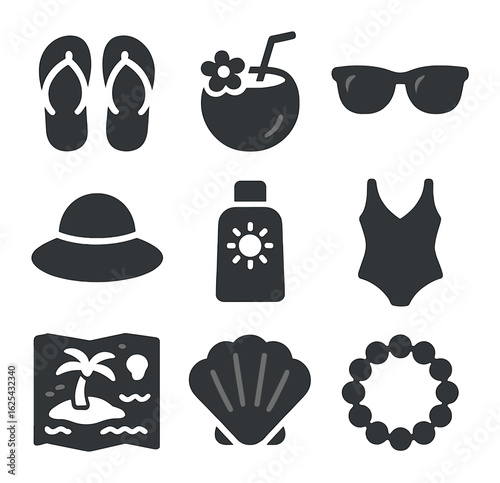 Tropical Travel Essentials. olid, filled icons set of flat lay tropical trip items: flip-flops, coconut drink,