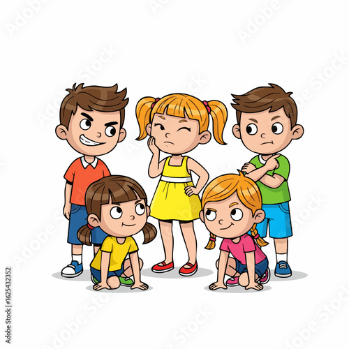 Cartoon Style Group of Youngsters Expressing Different Emotions Illustration