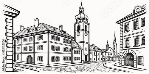 "Vintage European old town cityscape in monochrome line art style, hand-drawn rooftops, clock towers, and cobblestone streets, vector illustration for coloring book"
