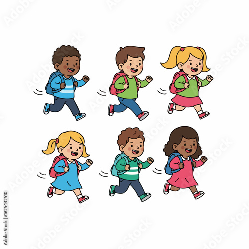 Cartoon Style Cheerful Running Students with Backpacks Group Illustration
