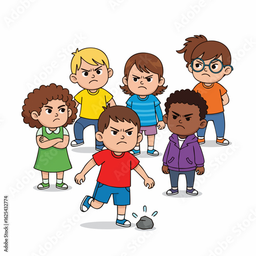 Cartoon Style Furious Group of Children Bullying Illustration Graphic