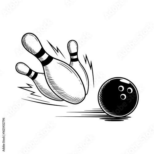 Bowling ball strike illustration with motion and pins flying in black and white for sports and recreation themes