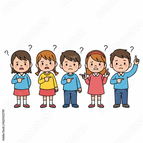 Cartoon Style Group of Children Confused with Question Mark Illustration