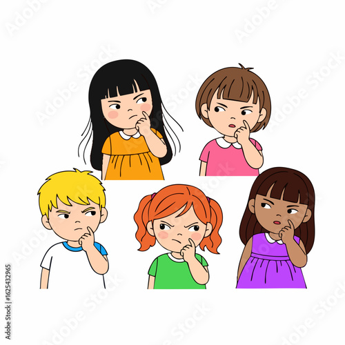 Cartoon Style Different Ethnicity Confused Children with Questioning Expression Character