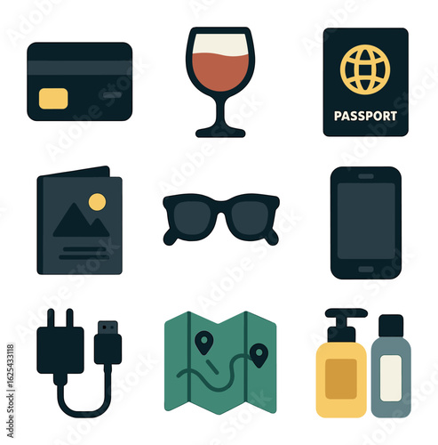 Hotel Essentials Icons. olid, filled icons set of flat lay hotel arrival setup: keycard, welcome drink,