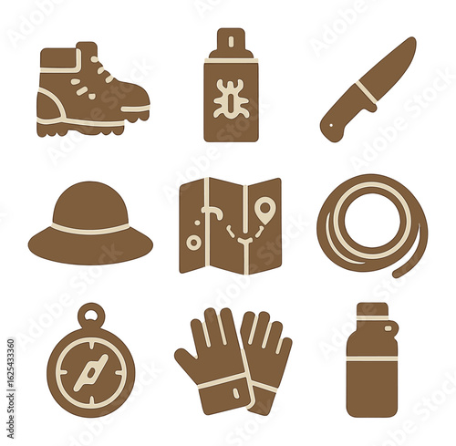 Jungle Trek Essentials. olid, filled icons set of flat lay jungle trek items: boots, bug spray, knife, hat,
