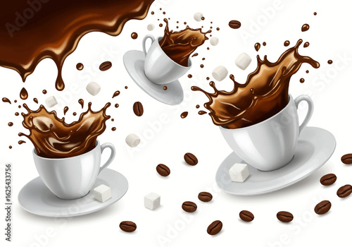 Experience pure indulgence with dynamic coffee splashes, sugar cubes, and fluffy marshmallows, perfect for cafe promotions and cozy beverage ads.