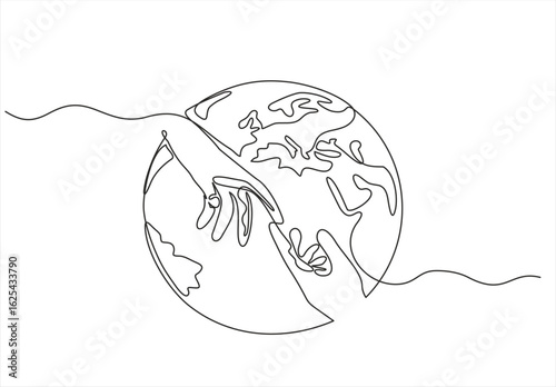 Continuous one line drawing of two hand's touch in one line art style isolated on a globe. Rescue, assistance, care icon.  Hand drawn one line vector. Editable stroke