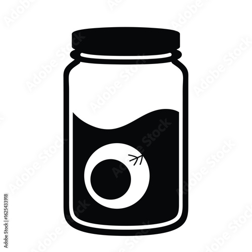 Eerie Eyeball in a Jar Black and White Illustration Halloween Spooky Decoration Graphic Design Creepy Eye Display Ominous Silhouette