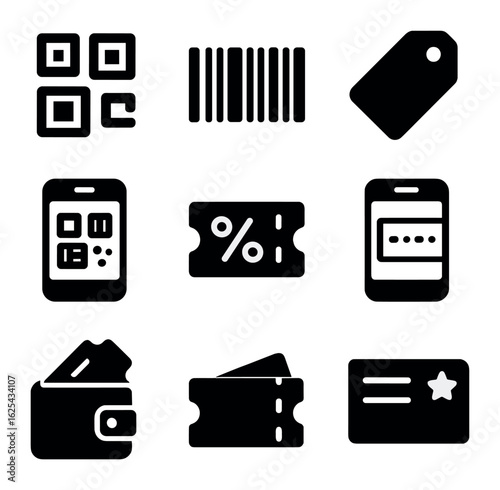 Mobile Coupon Icons. olid, filled icons set of mobile coupon use: QR code, barcode icon, coupon tag, mobile